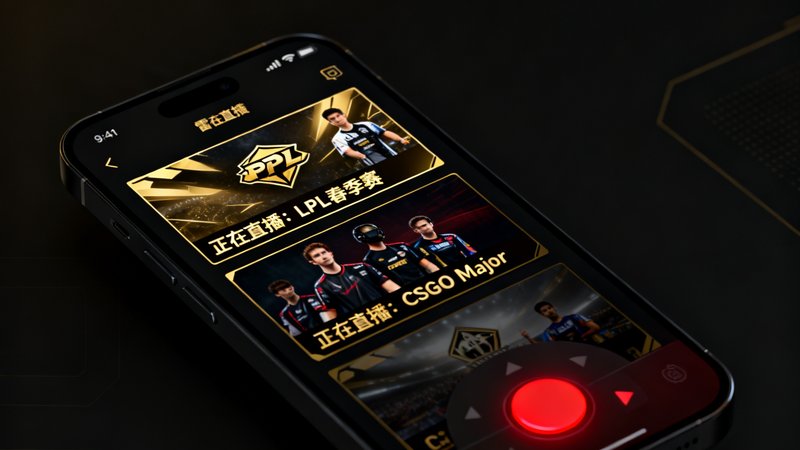雷竞技App 5.0版本全新UI界面截图，采用深色电竞主题配金色UI元素，主屏幕展示多场正在直播的赛事卡片，右下角多视角切换按钮以醒目红色高亮显示，整体设计简洁且富有科技感。